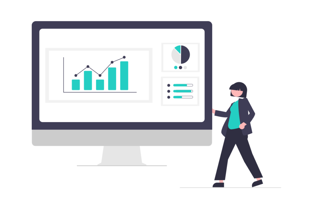 Illustration of a women in front of different types of graphs.